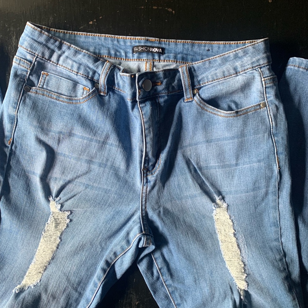 Fashion Nova Distressed Blue Skinny Jeans